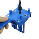 nzmegabuy blue woodworking doweling jig drill guide with metal bushings being used on a wooden board