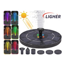 nzmegabuy 3W solar fountain pump with LED lights, battery backup, and six interchangeable nozzles for garden ponds.