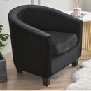 nzmegabuy black velvet tub chair slipcover with matching cushion cover on an armchair in a modern living room