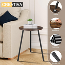 nzmegabuy round side table with rimu wood grain top and black metal legs in a modern living room setting