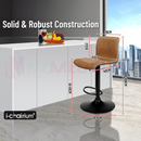 nzmegabuy brown PU leather adjustable swivel bar stool with chrome footrest and dimensions in a modern kitchen