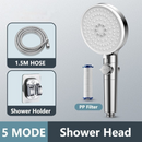 nzmegabuy high-pressure handheld shower head set with 5 spray modes, 1.5m hose, holder, and replaceable PP filter.