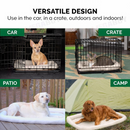 nzmegabuy beige faux fleece dog crate bed used in a car, indoor crate, on a patio, and while camping with pets.
