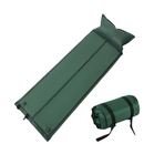 nzmegabuy green self-inflating camping mattress with built-in pillow, shown unrolled and rolled for travel.