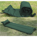 nzmegabuy green self-inflating camping mattress with built-in pillow shown rolled and fully inflated on grass