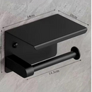 nzmegabuy matte black stainless steel wall-mounted toilet paper holder with a convenient storage shelf for smartphones.
