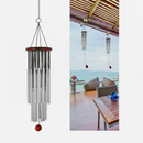 nzmegabuy 27-tube silver metal wind chime with wood top, creating deep resonant tones for outdoor garden decor.