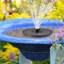 nzmegabuy 3W solar fountain pump floating in a blue bird bath with a hummingbird nearby and water spraying upwards