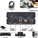 nzmegabuy HDMI ARC audio extractor showing optical, coaxial, RCA, and 3.5mm outputs for TV and speaker connectivity.