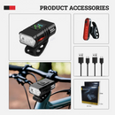 nzmegabuy USB rechargeable LED bike light set with front headlight, rear light, and charging cables on a bicycle