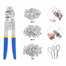 nzmegabuy wire rope crimping tool set with high-carbon steel pliers, blue handles, and 150 aluminium crimp sleeves.