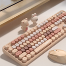 nzmegabuy wireless keyboard and mouse set with retro round keys in pastel pink and beige with cute animal figurines