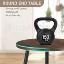 nzmegabuy round side table with a wood-look rimu top and black metal legs supporting a 150 lbs kettlebell weight
