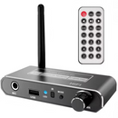 nzmegabuy Bluetooth 5.2 audio receiver with antenna, USB port, microphone input, volume knob, and IR remote control.