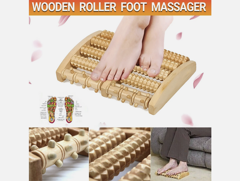 LARGE Wooden Foot Pain Massager 5 Roller Care Reflexology Relax Stress Relief