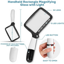 nzmegabuy Tobegiga folding rectangular magnifying glass with 3X lens, 5 dimmable LED lights, and battery compartment.