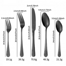 nzmegabuy 20-piece black stainless steel cutlery set with ornate embossed handles and detailed size measurements