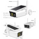 nzmegabuy solar WiFi security camera with dimensions, antenna, solar panel, and PIR sensor in a white waterproof housing.