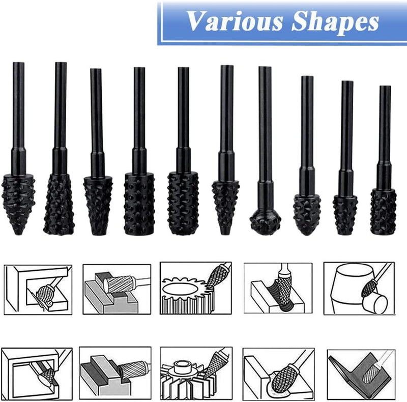 10PCS Drill Bits 1/4" Round Shank Rotary Burr Set Wood Rasp File Drill Bits