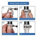 nzmegabuy stainless steel hose clamp installation guide showing four steps to secure a pipe with a screwdriver