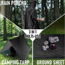 nzmegabuy 3-in-1 black waterproof rain poncho used as a raincoat, camping tarp, and ground sheet in a forest setting