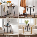 nzmegabuy round side table with rimu wood grain top and black metal legs shown in living room, bedroom, and bathroom