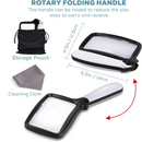 nzmegabuy folding magnifying glass with 3X rectangular lens, LED lights, storage pouch, and cleaning cloth.