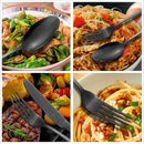nzmegabuy 20-piece black stainless steel cutlery set with ornate embossed handles displayed with various meals