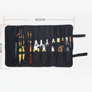 nzmegabuy 22 pocket black oxford canvas tool roll bag with various tools and a zipper compartment for storage