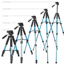 nzmegabuy blue aluminium camera tripod shown at four different adjustable heights with a 3-way pan head