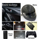nzmegabuy 5D gloss black carbon fibre vinyl wrap applied to car interior, motorcycle helmet, phone, and gaming gear.