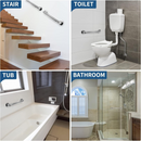nzmegabuy 304 stainless steel safety grab bars installed in a staircase, toilet, bathtub, and glass shower enclosure.