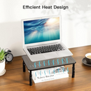 nzmegabuy black metal monitor stand riser with perforated mesh for cooling, holding a laptop on a wooden desk