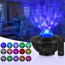 nzmegabuy galaxy starlight projector with Bluetooth speaker casting blue nebula and stars in a living room
