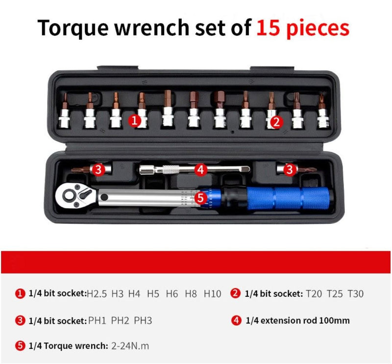 15Pcs 1/4 Torque Wrench Set 2-25NM, Bicycle Torque Tool, Torque Screw Drive