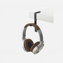 nzmegabuy black metal desk-clamp headphone hanger holding silver and brown over-ear headphones on a white desk