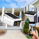 nzmegabuy solar WiFi security camera with HD 1080P lens, solar panel, and smartphone remote monitoring app interface
