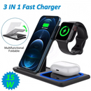 nzmegabuy black 3-in-1 foldable wireless charging station for smartphone, Apple Watch, and earbuds on a desk