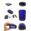 nzmegabuy V7 vehicle radar detector featuring 360-degree full-band coverage, blue and black casing, and LED display.