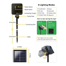 nzmegabuy solar fairy light panel components with installation guide, power switch, and 8 lighting mode instructions