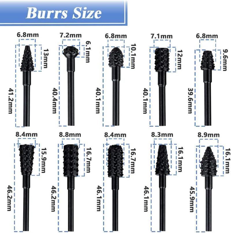 10PCS Drill Bits 1/4" Round Shank Rotary Burr Set Wood Rasp File Drill Bits