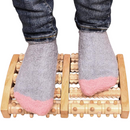 nzmegabuy wooden foot roller massager with five textured rollers being used by feet in grey and pink socks