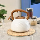 nzmegabuy 3L stainless steel whistling tea kettle with a white hammered finish and wooden-style handle on a kitchen mat