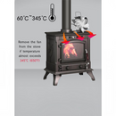 nzmegabuy 4-blade black aluminium heat powered stove fan on a wood burner showing temperature operating range