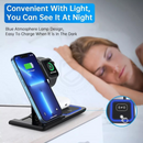 nzmegabuy black 3-in-1 wireless charging station with blue atmosphere light charging an iPhone, Apple Watch, and AirPods