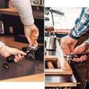 nzmegabuy stainless steel espresso tamper with wooden handle being used by a barista to compress coffee grounds