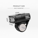 nzmegabuy black USB rechargeable LED bike headlight with dimensions shown for easy mounting on bicycle handlebars