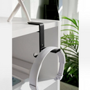 nzmegabuy black metal desk-clamp headphone hanger holding white headphones on a white shelf