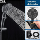 nzmegabuy black handheld shower head with 5 spray modes, silicone nozzles, and a convenient water stop button.