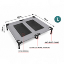 nzmegabuy grey elevated dog bed with mesh center, powder-coated steel frame, and labeled dimensions for large size